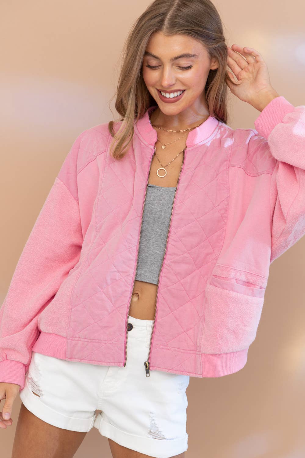 Quilted Fleece Mix Oversized Zip Up Jacket: PINK
