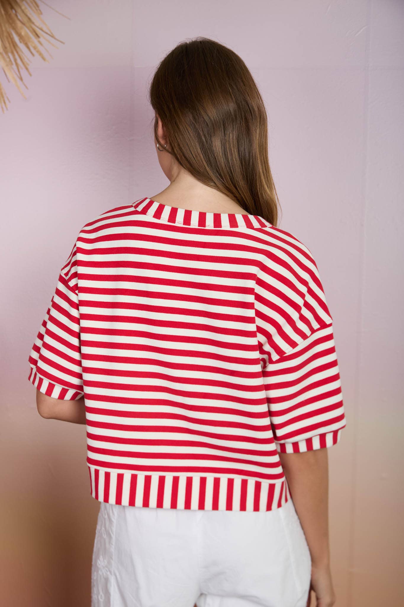 STRIPE PATTERN SHORT SLEEVE BUTTON DOWN KNIT TOP : RED