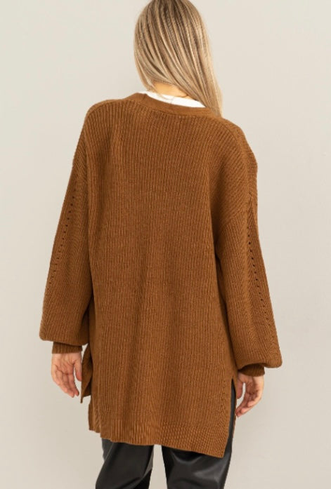 TOTAL APPEAL OPEN FRONT BALLOON SLEEVE CARDIGAN-Caramel