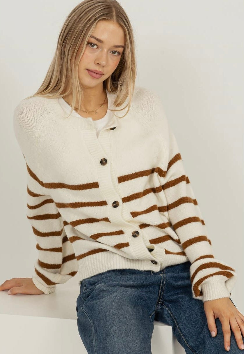 POSITIVE PRESENCE STRIPED RAGLAN SLEEVE CARDIGAN SWEATER