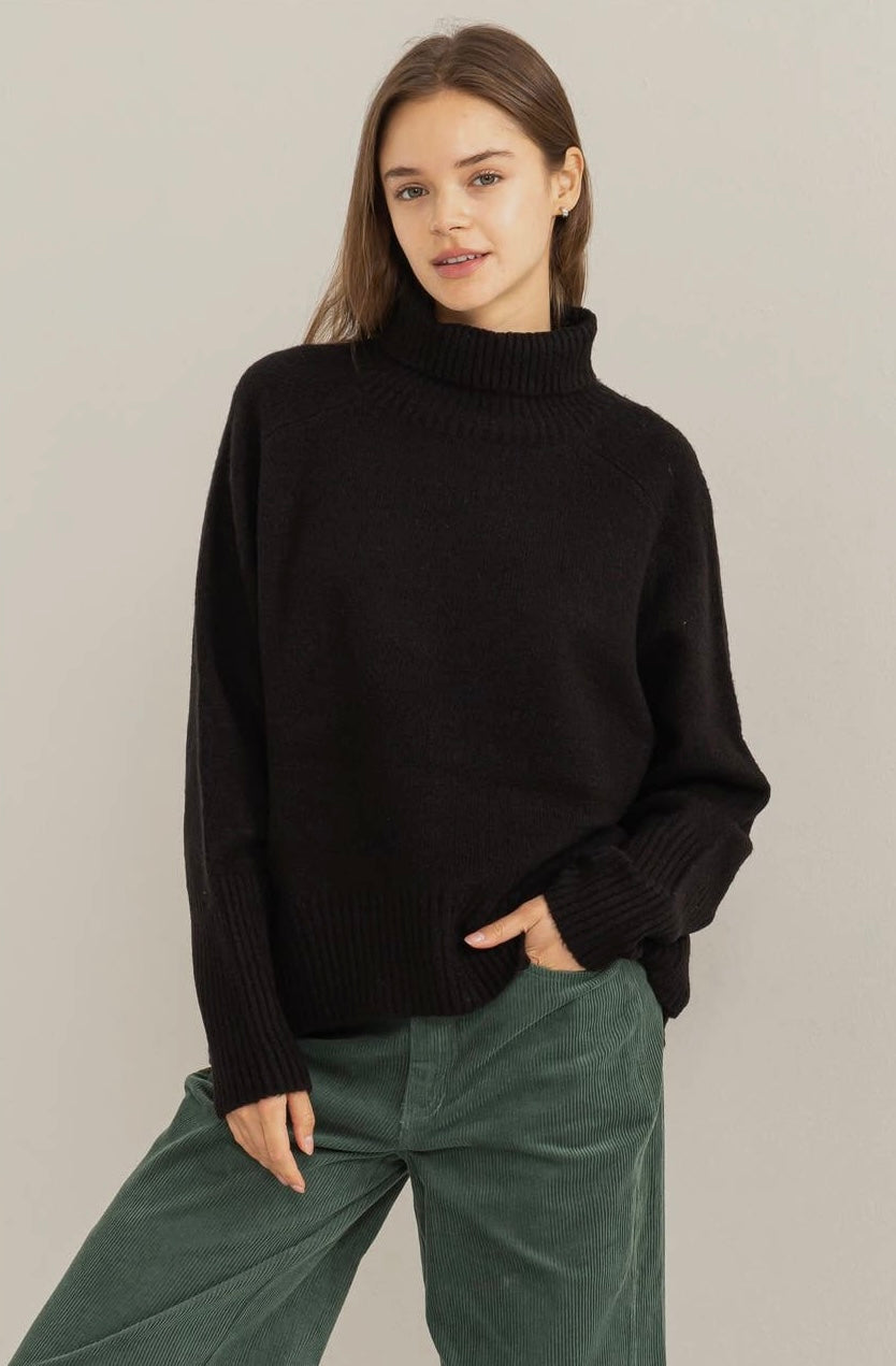 Dream State Turtleneck Long Sleeve Sweater-Black