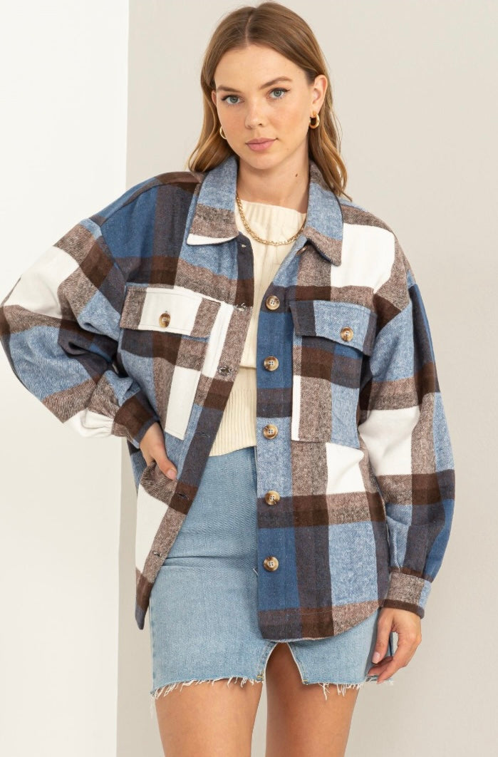 EASILY IMPRESSED FUZZY MOHAIR-LIKE PLAID SHACKET