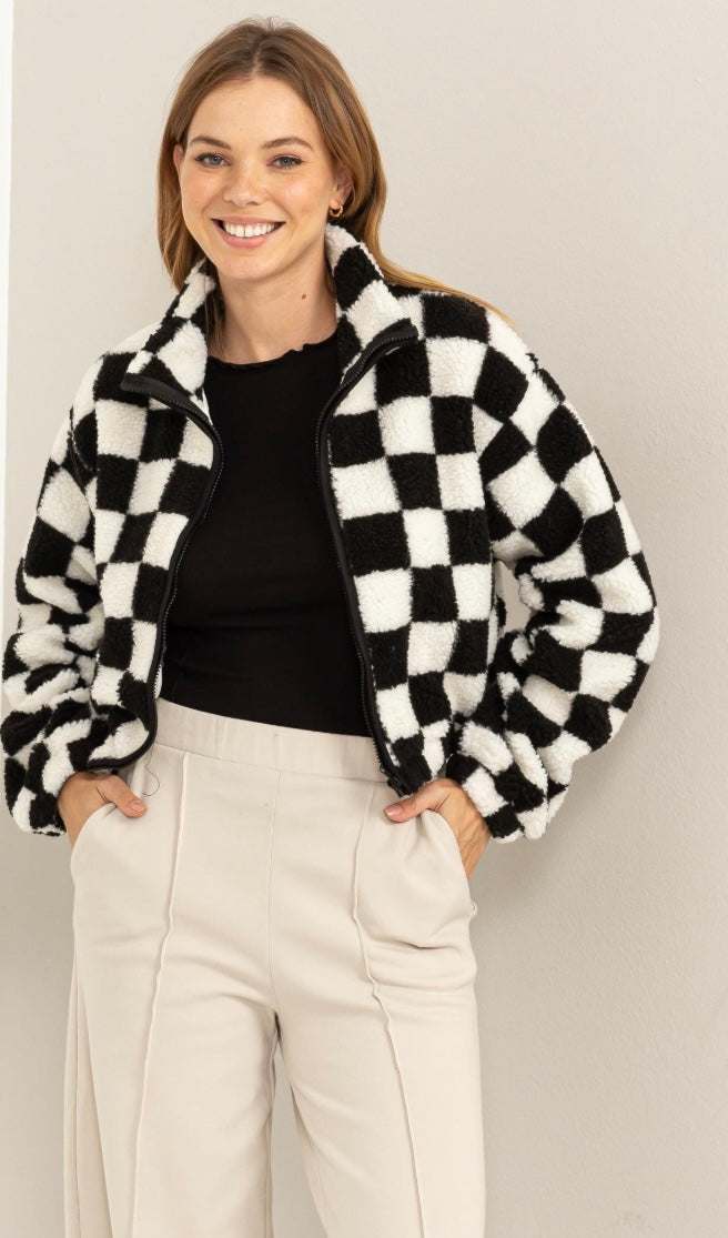 Checkered Sherpa Zip Front Jacket