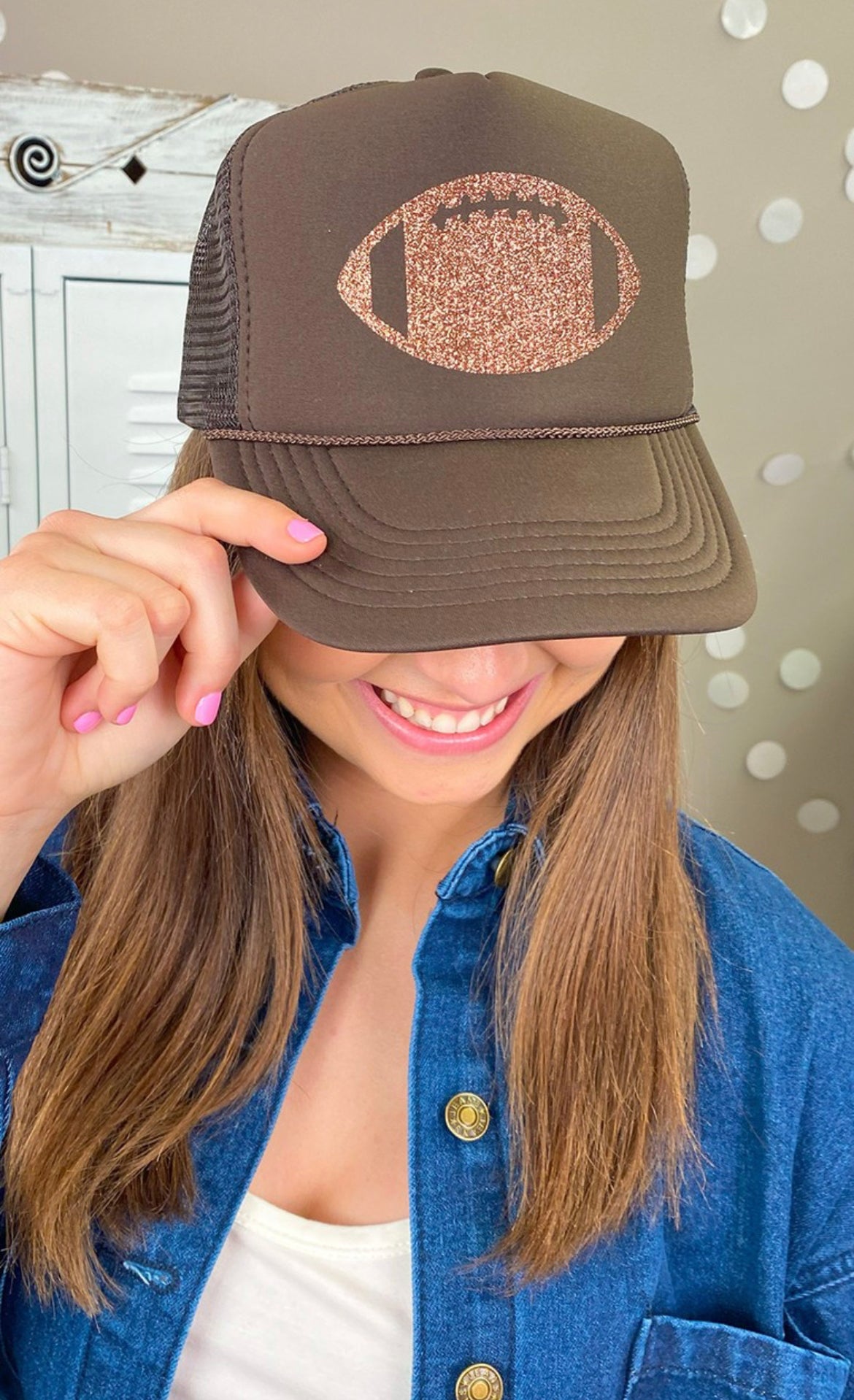 Glitter Football Trucker Hat-Brown