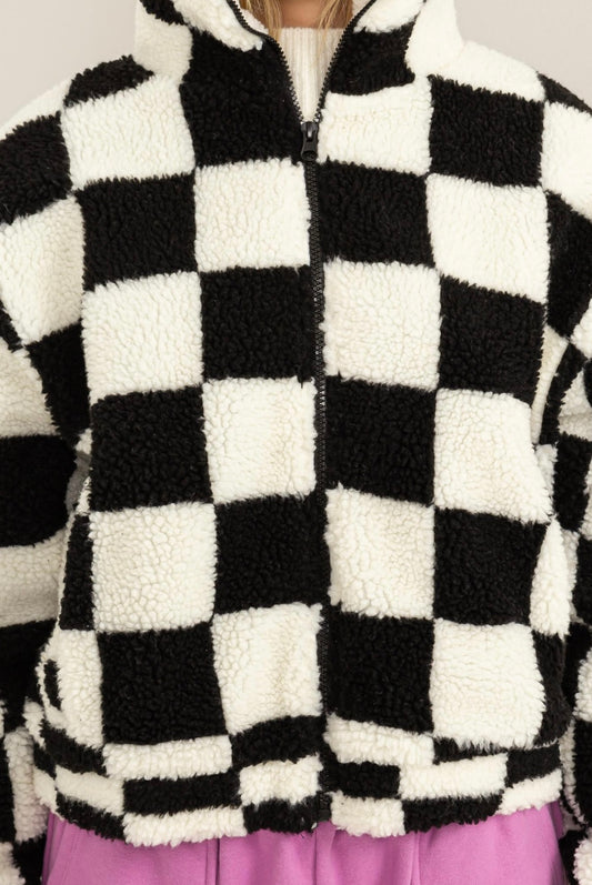 Checkered Sherpa Zip Front Jacket