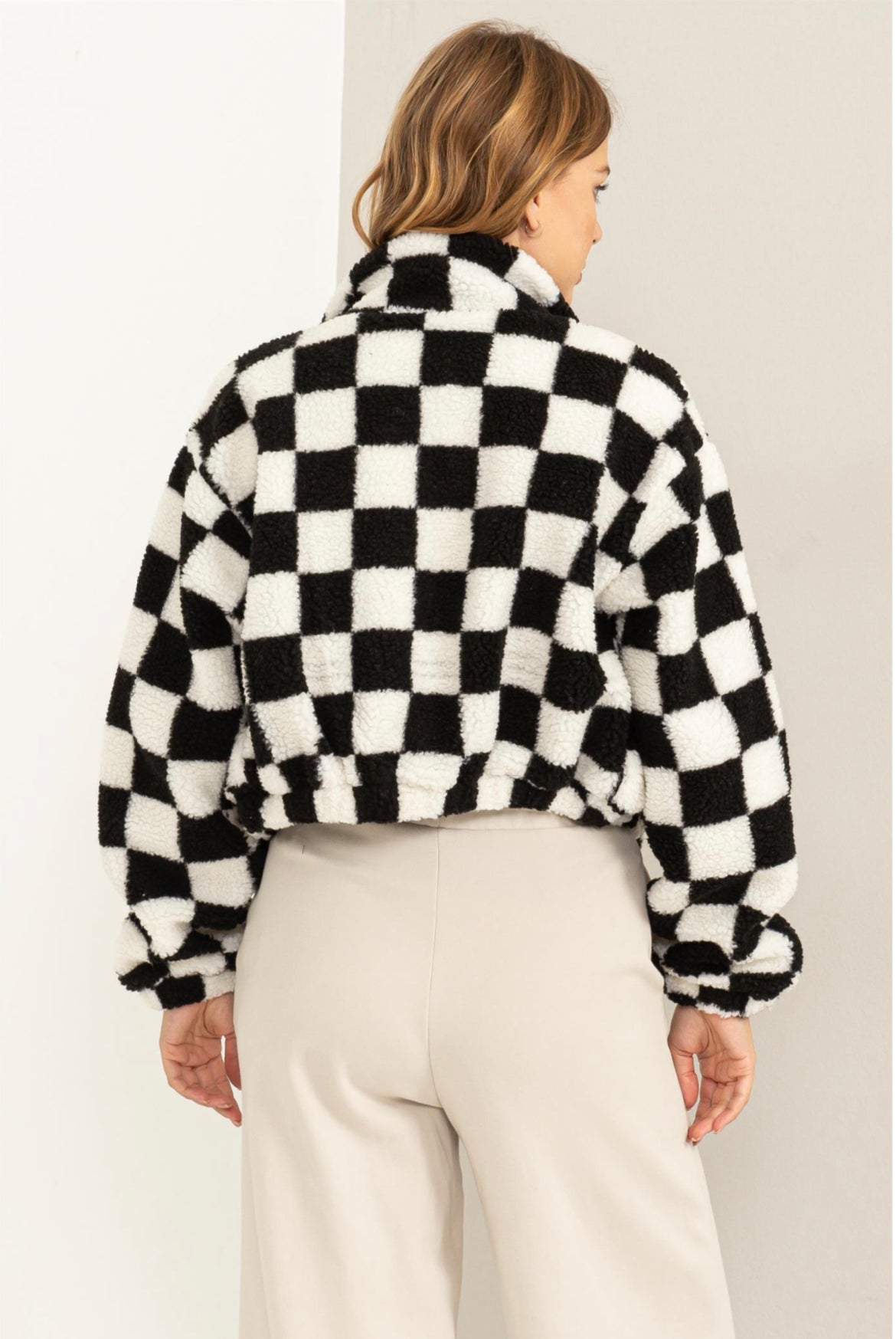 Checkered Sherpa Zip Front Jacket