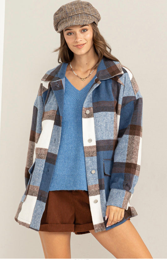 EASILY IMPRESSED FUZZY MOHAIR-LIKE PLAID SHACKET