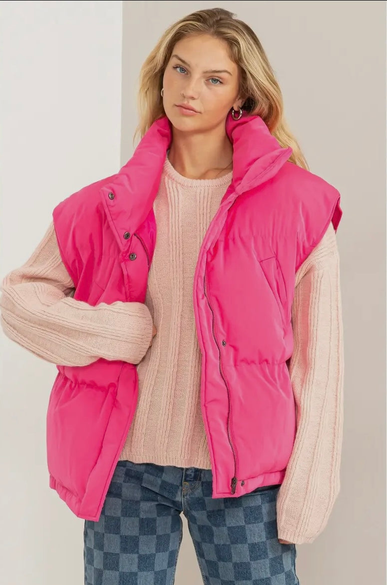 WARMING UP TO YOU OVERSIZED ZIPPER- FRONT PUFFER VEST-PINK