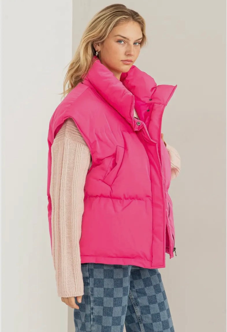 WARMING UP TO YOU OVERSIZED ZIPPER- FRONT PUFFER VEST-PINK