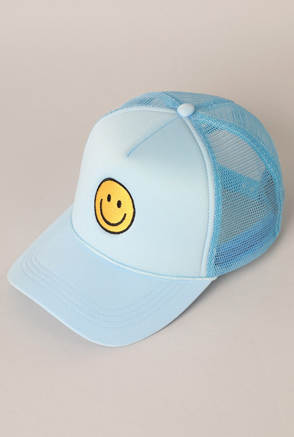 Smiley Face Chenille Patch Trucker Hat-Blue