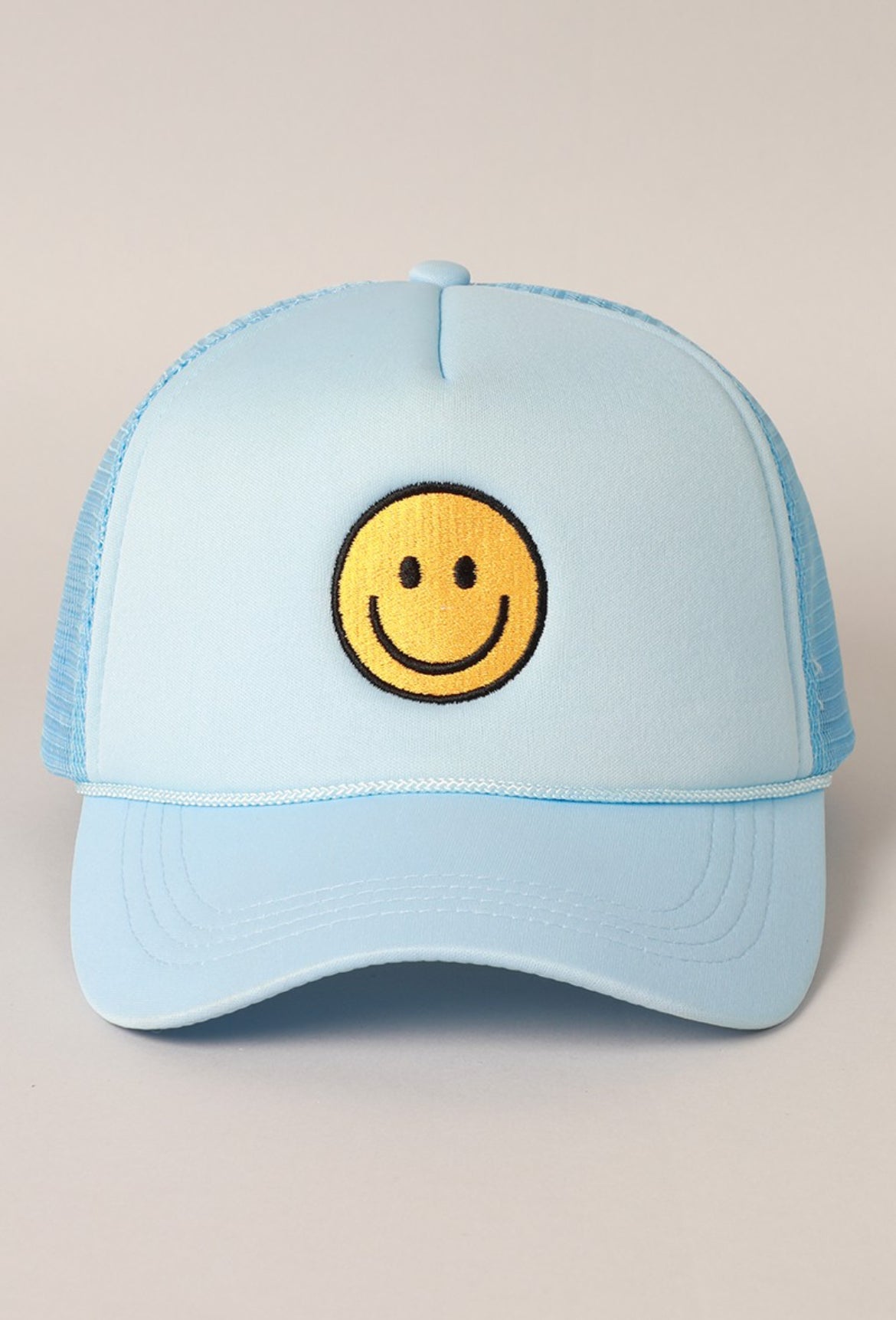 Smiley Face Chenille Patch Trucker Hat-Blue