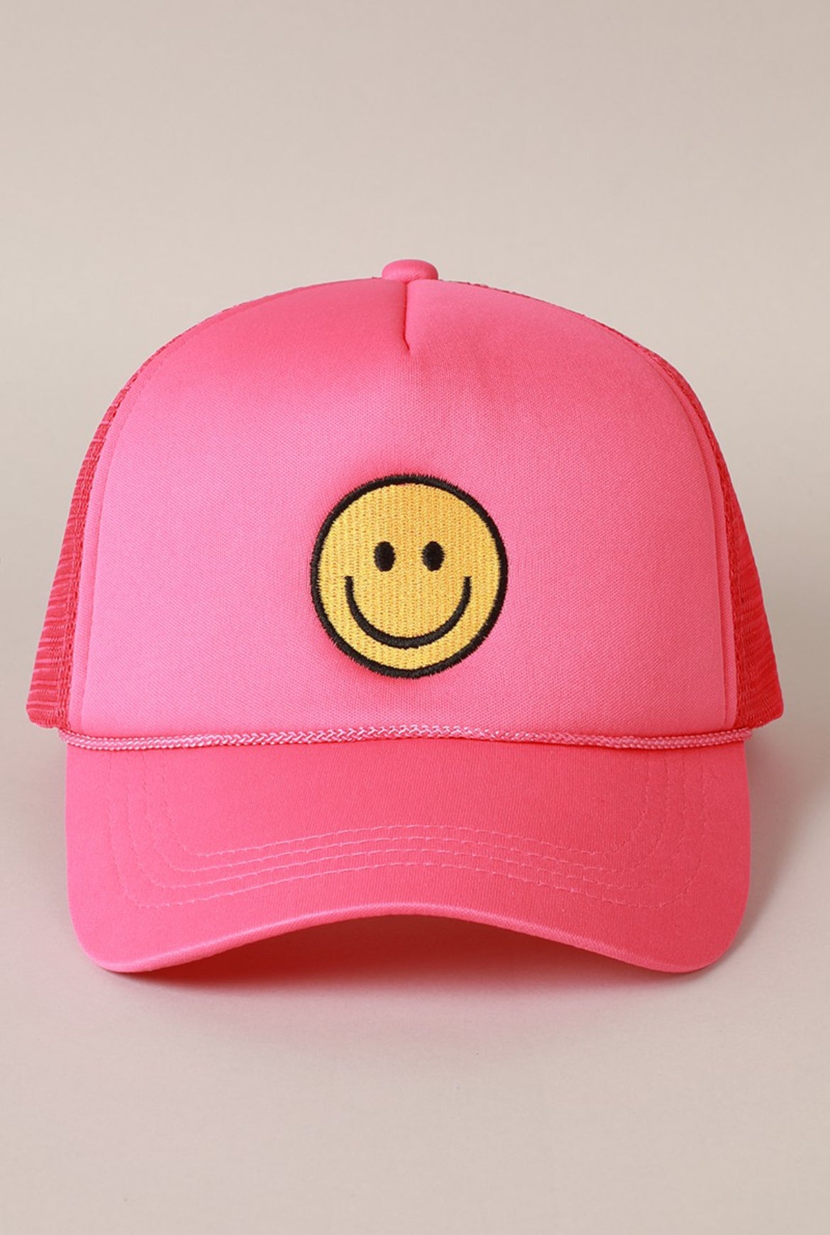 Smiley Face Chenille Patch Trucker Hat-Pink