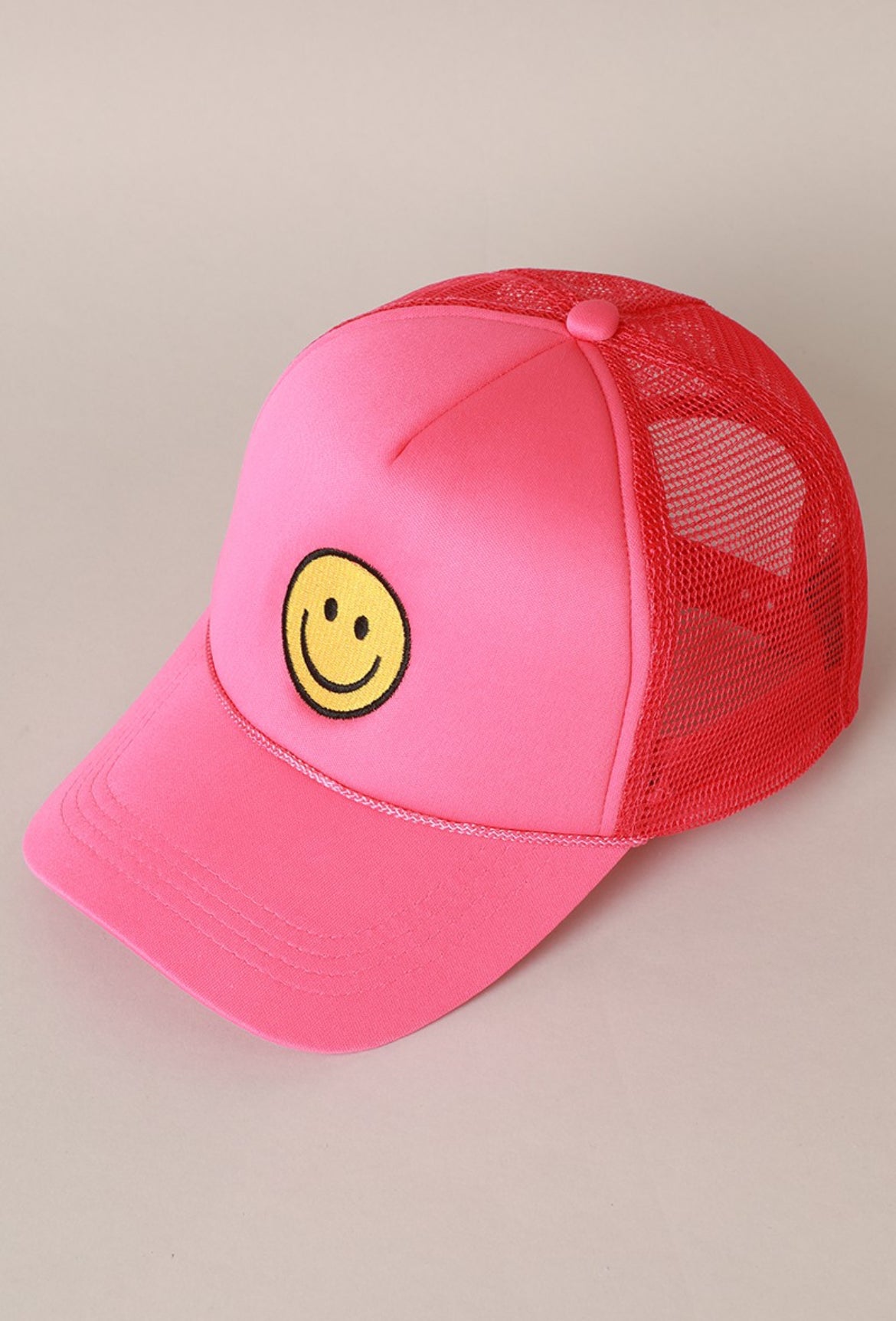 Smiley Face Chenille Patch Trucker Hat-Pink