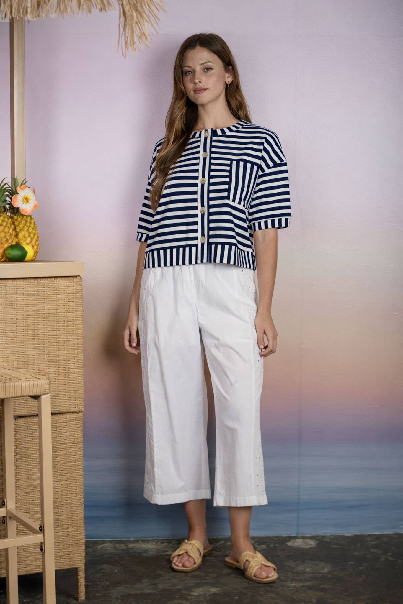 STRIPE PATTERN SHORT SLEEVE BUTTON DOWN KNIT TOP : RED