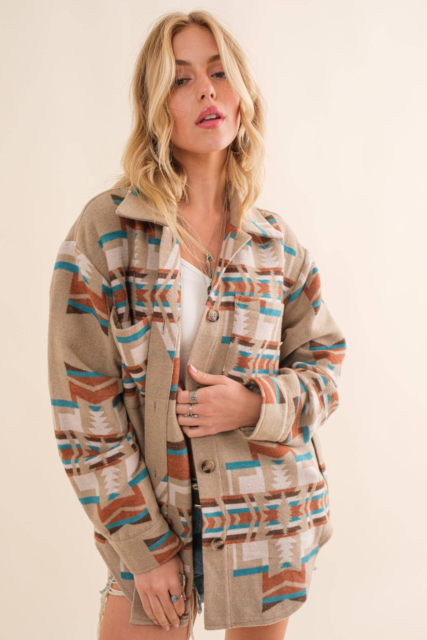 34201J - Blue B Exclusive Aztec Pattern Button Up Jacket: FUCHSIA GREEN / S
