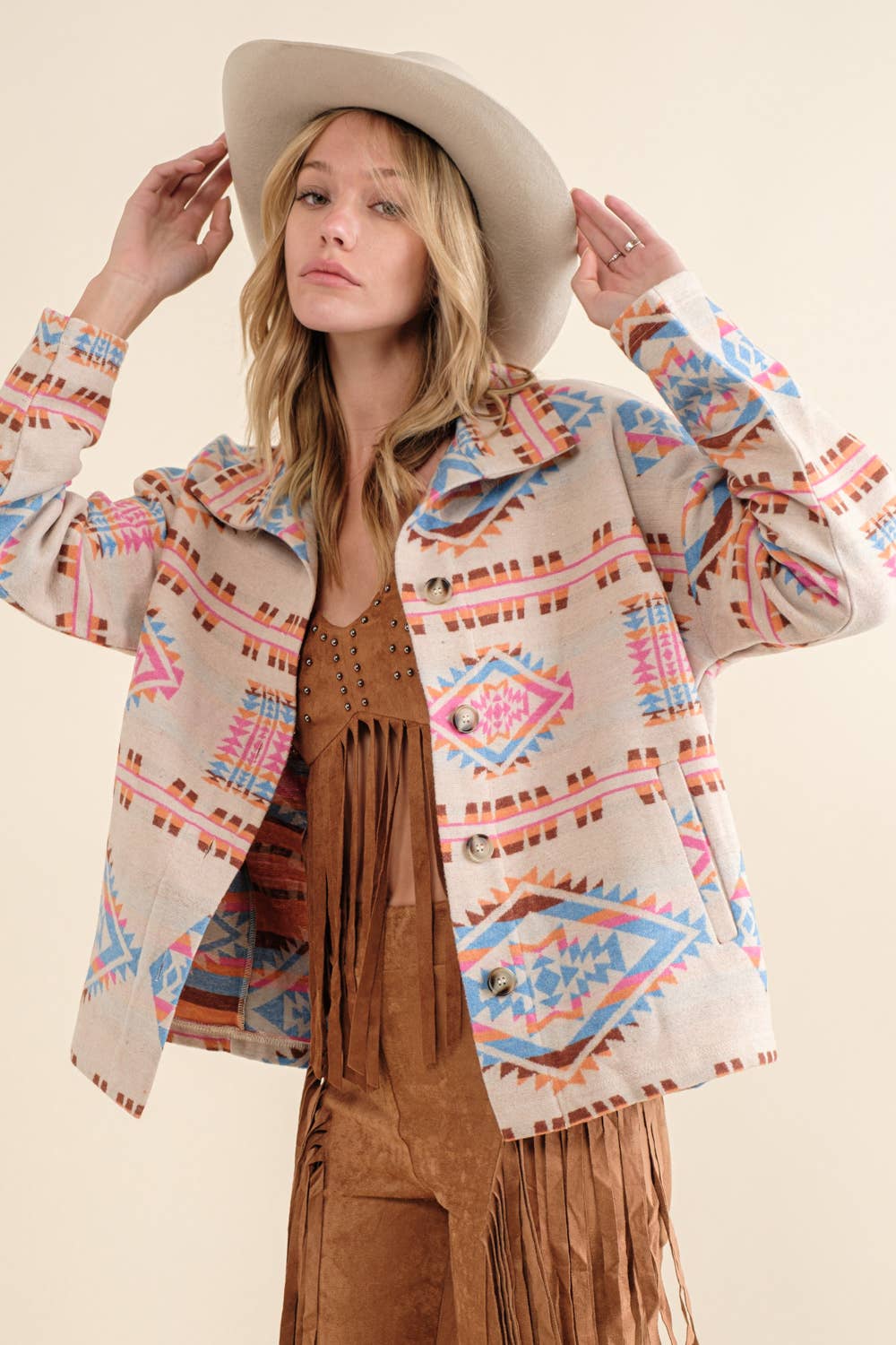 Aztec Jacquard Mock Neck Button Up Western Jacket: IVORY BLUE