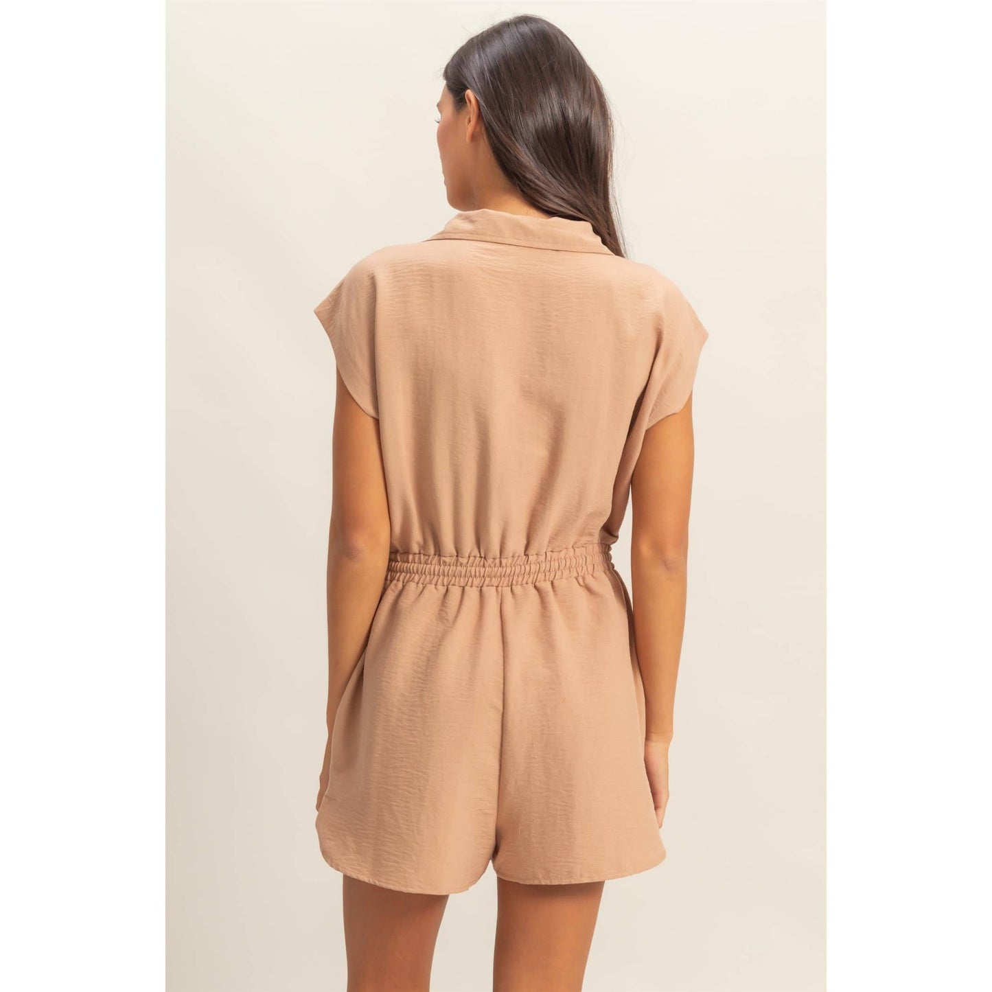 Collared Romper with Buttonless Placket:DARK TAUPE
