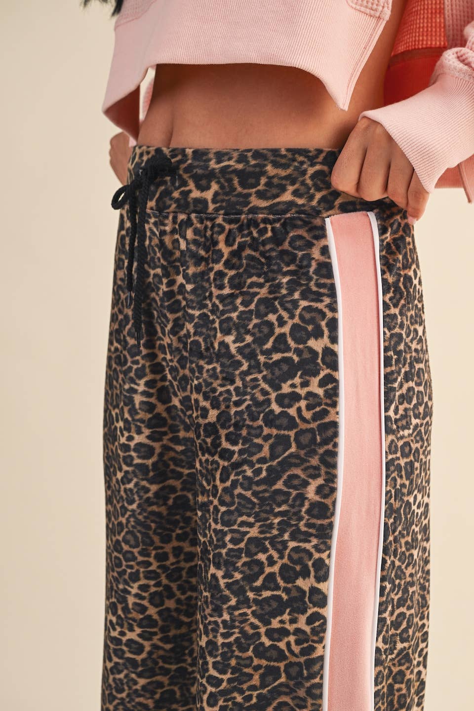 Leopard Print Velour Track Pants:Leopard