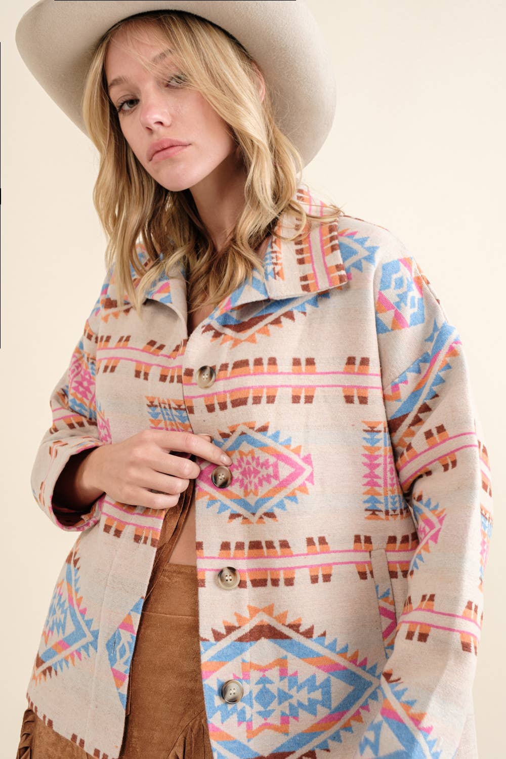 Aztec Jacquard Mock Neck Button Up Western Jacket: IVORY BLUE