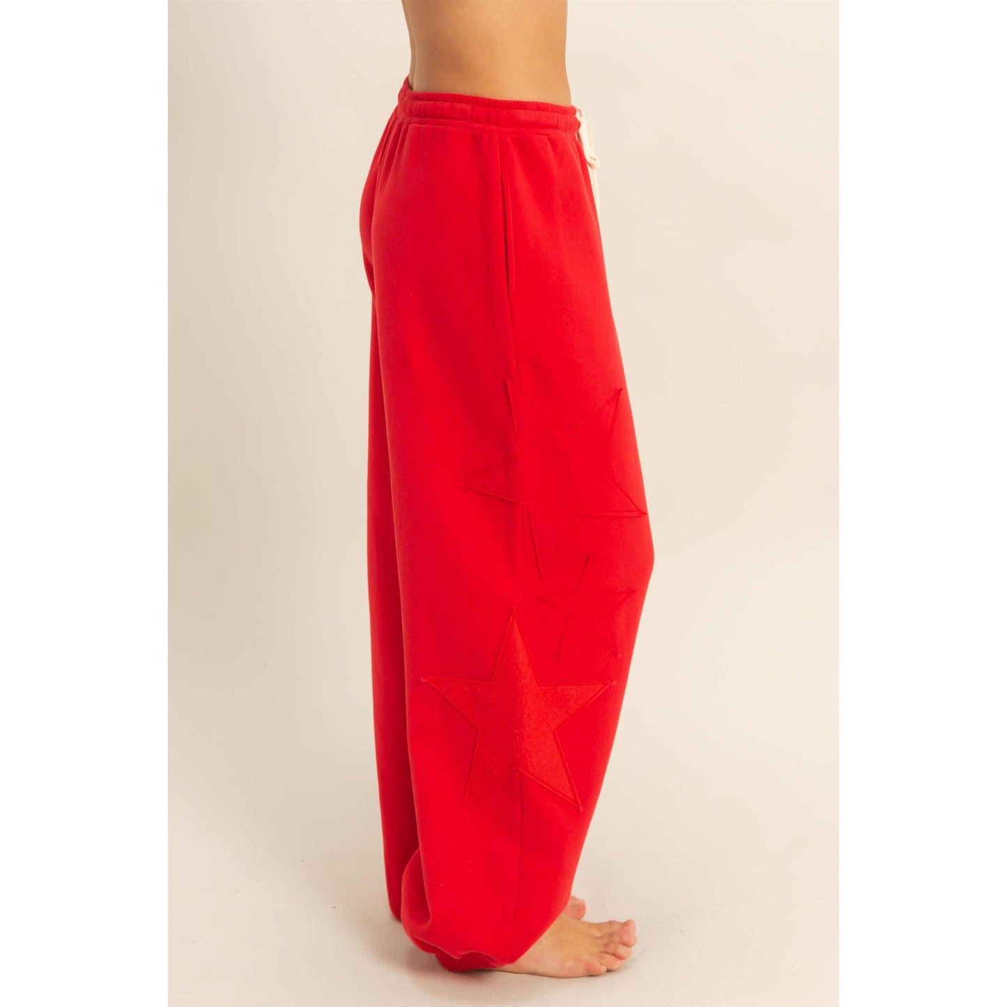 Star Patch Casual Drawstring Jogger Pants: RED