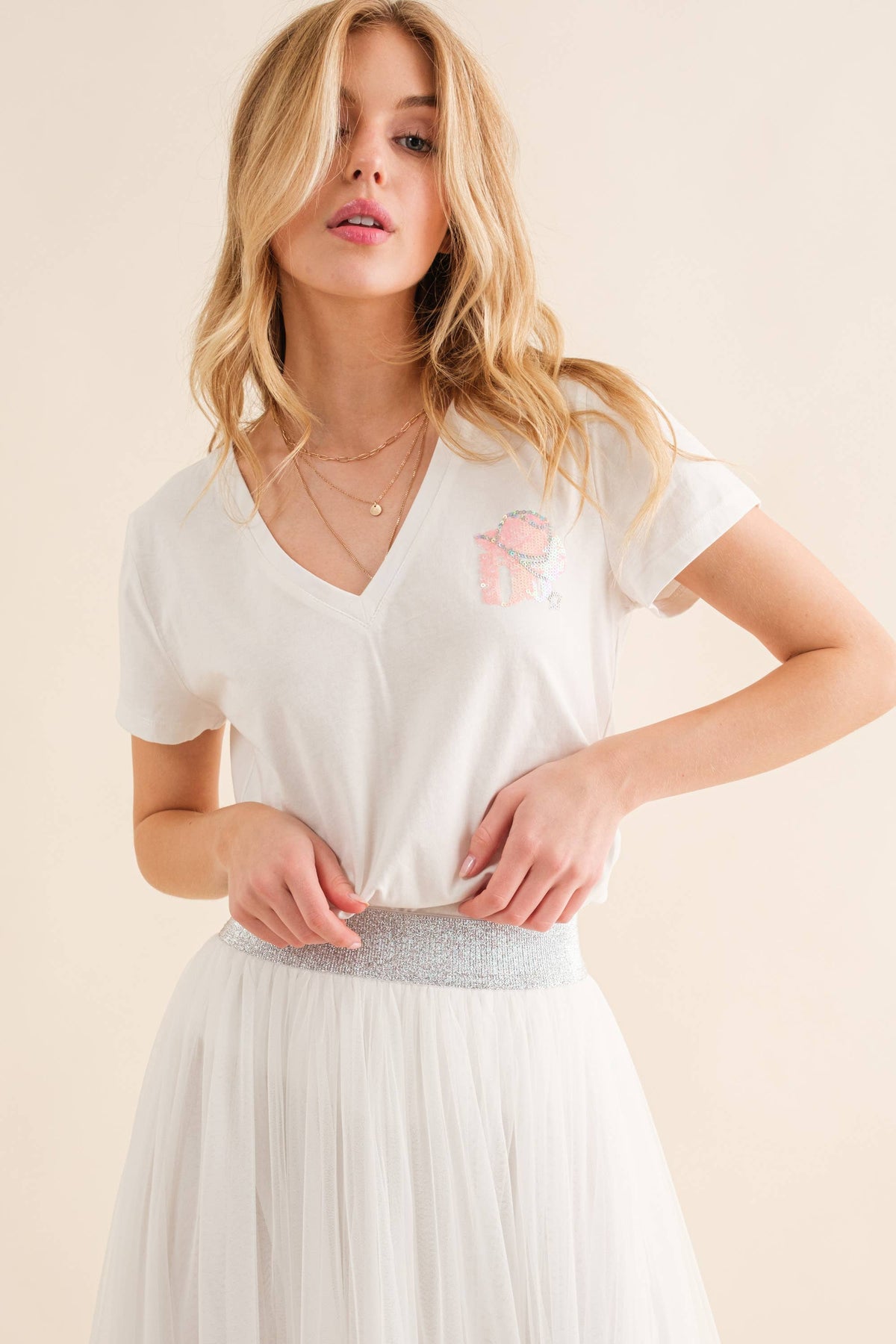 Embroidered Fringe Cotton Graphic T Shirt:BRIDE