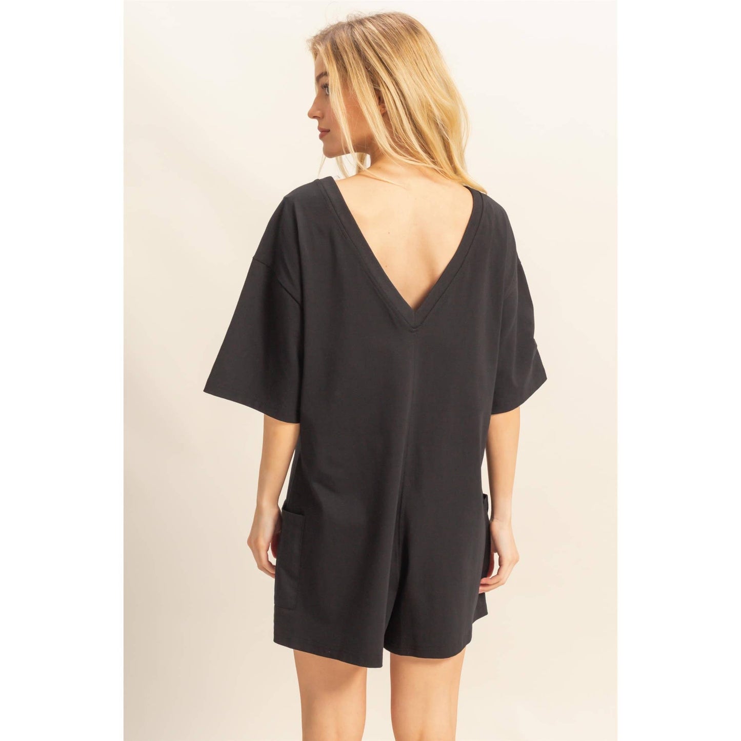 Drop Shoulder Short Sleeve Knit Romper:BLACK