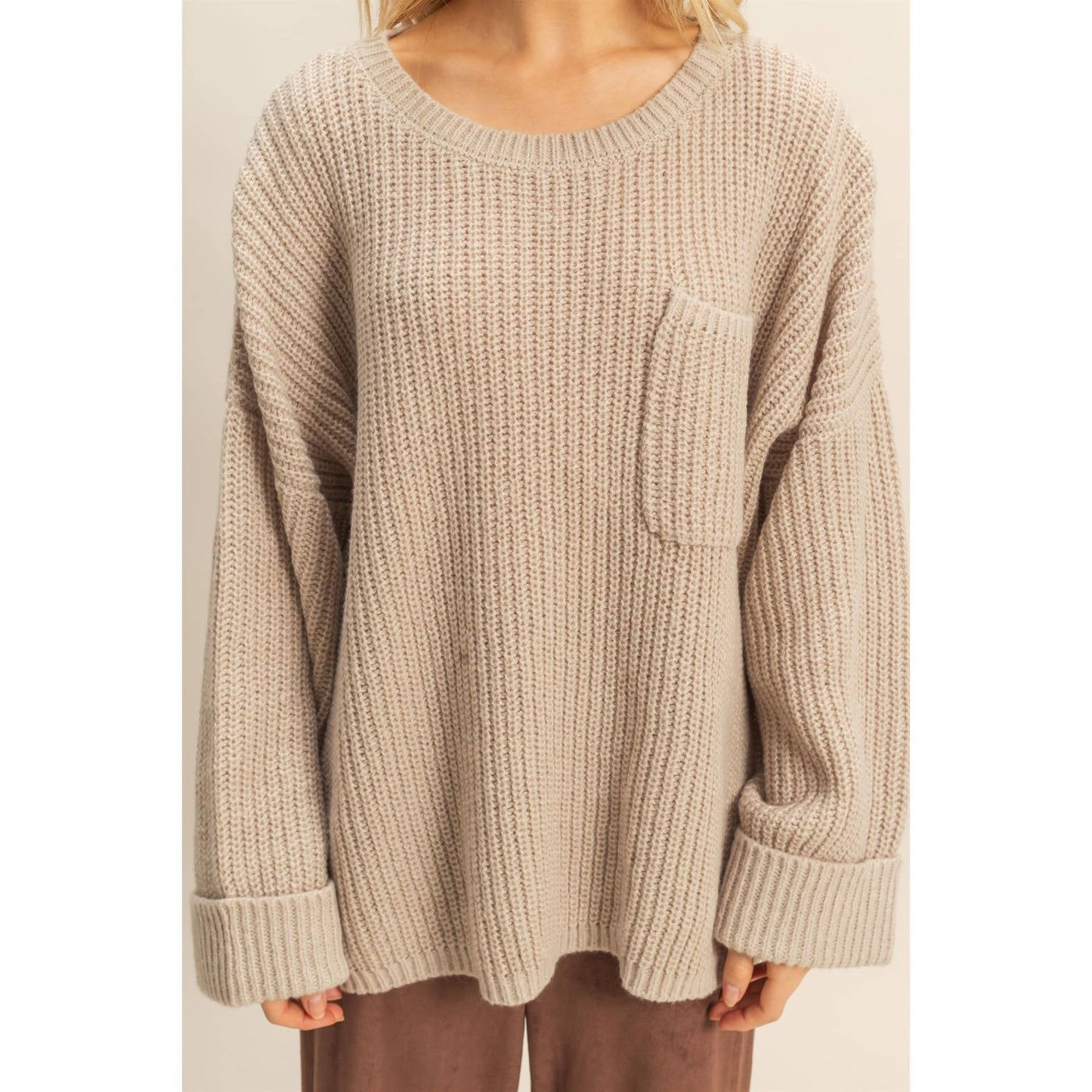 Oversized Casual Ribbed Knit Sweater: L.TAUPE