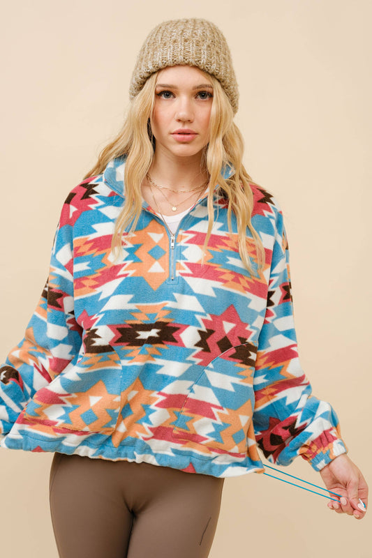 Aztec Sherpa Fleece Zip Up Pullover Sweatshirt:TEAL MULTI