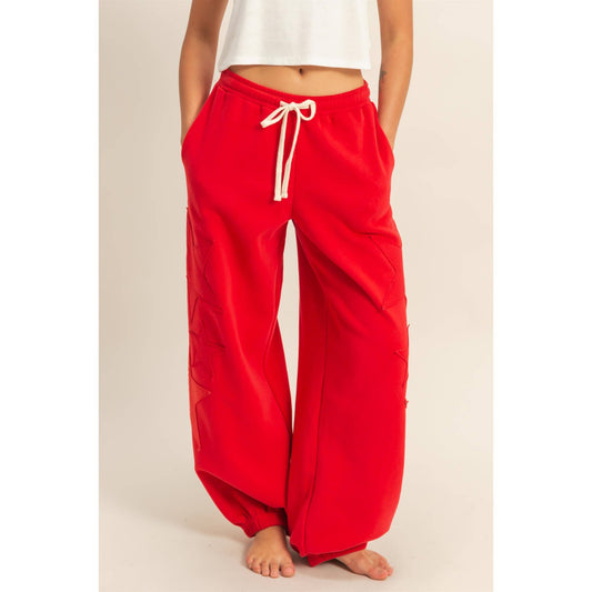 Star Patch Casual Drawstring Jogger Pants: RED