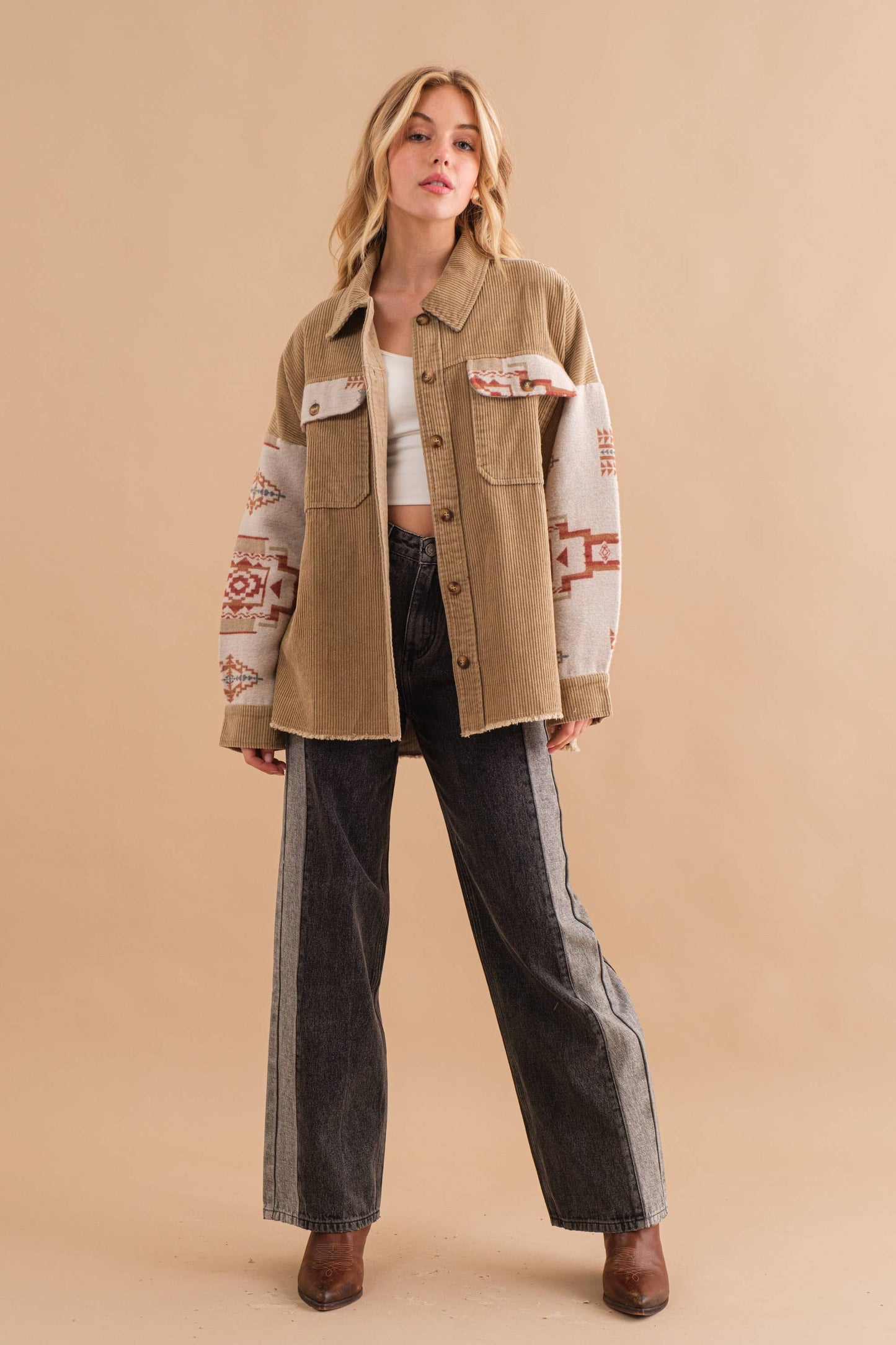 32656J - Corduroy Aztec Contrast Button Up Shirt Jacket: HOT PINK / S