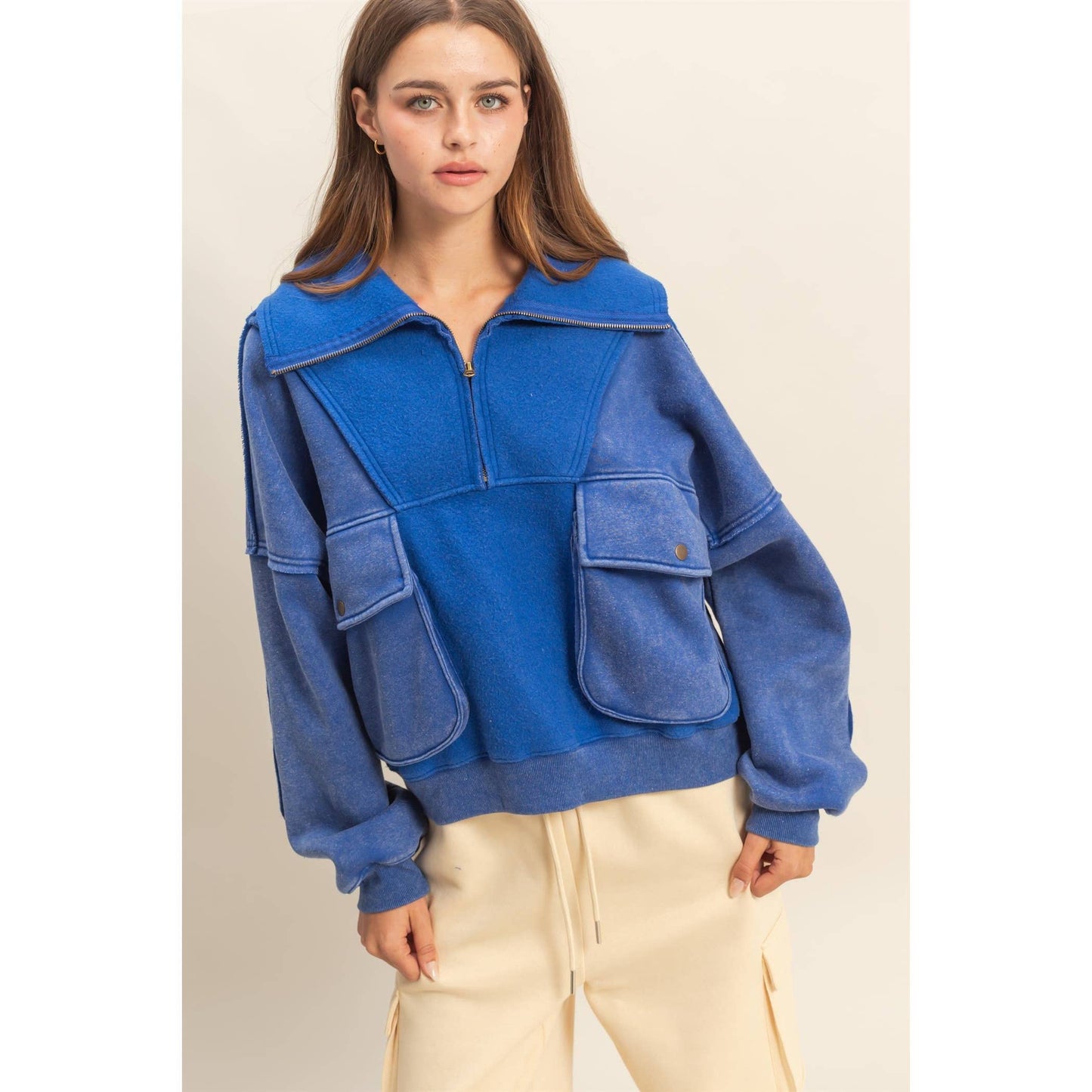 Mineral Washed Oversized Sweatfleece Half-Zip Top:MOCHA