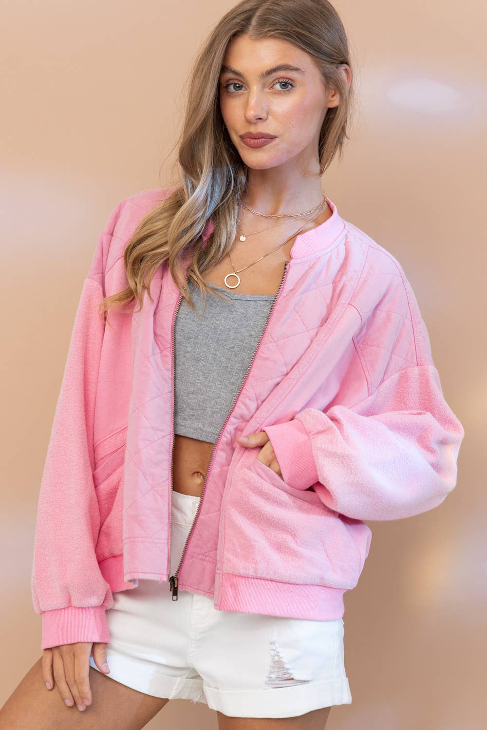 Quilted Fleece Mix Oversized Zip Up Jacket: PINK