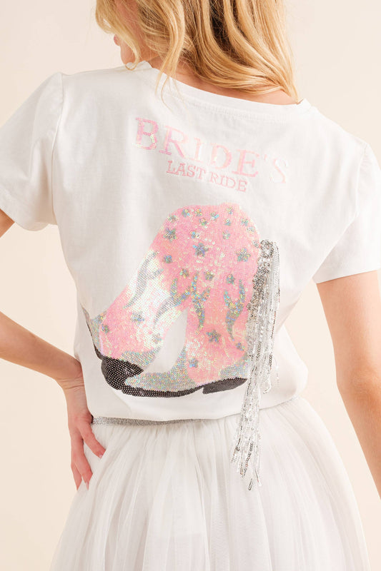 Embroidered Fringe Cotton Graphic T Shirt:BRIDE