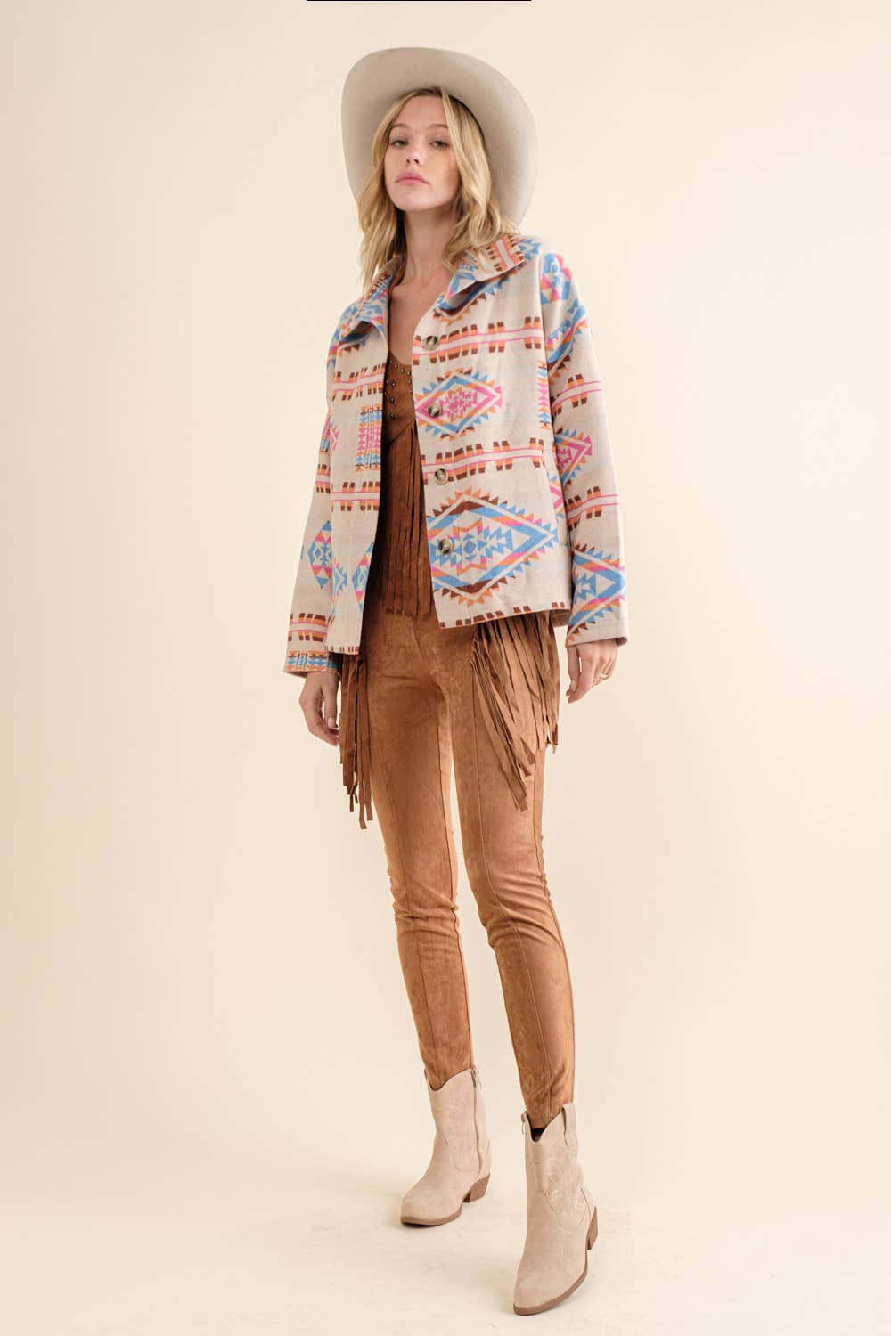 Aztec Jacquard Mock Neck Button Up Western Jacket: IVORY BLUE