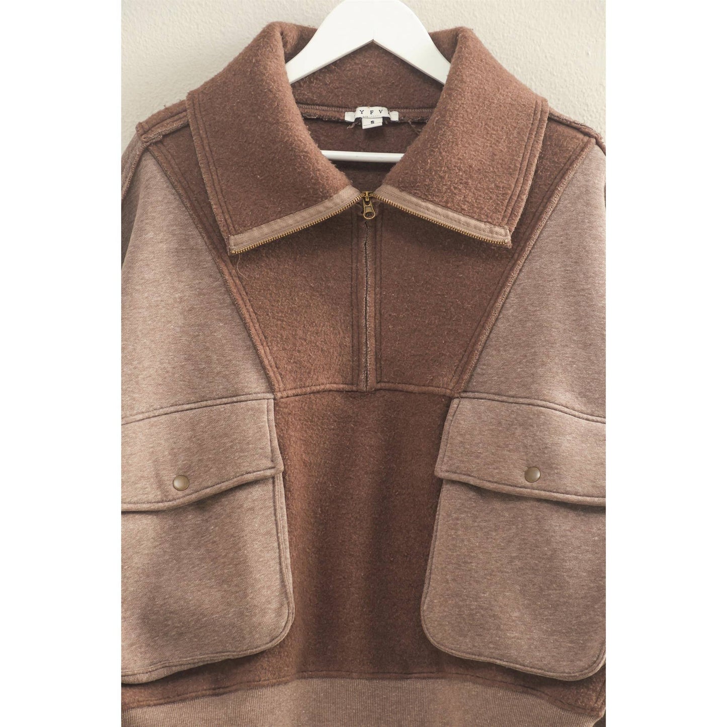 Mineral Washed Oversized Sweatfleece Half-Zip Top:MOCHA