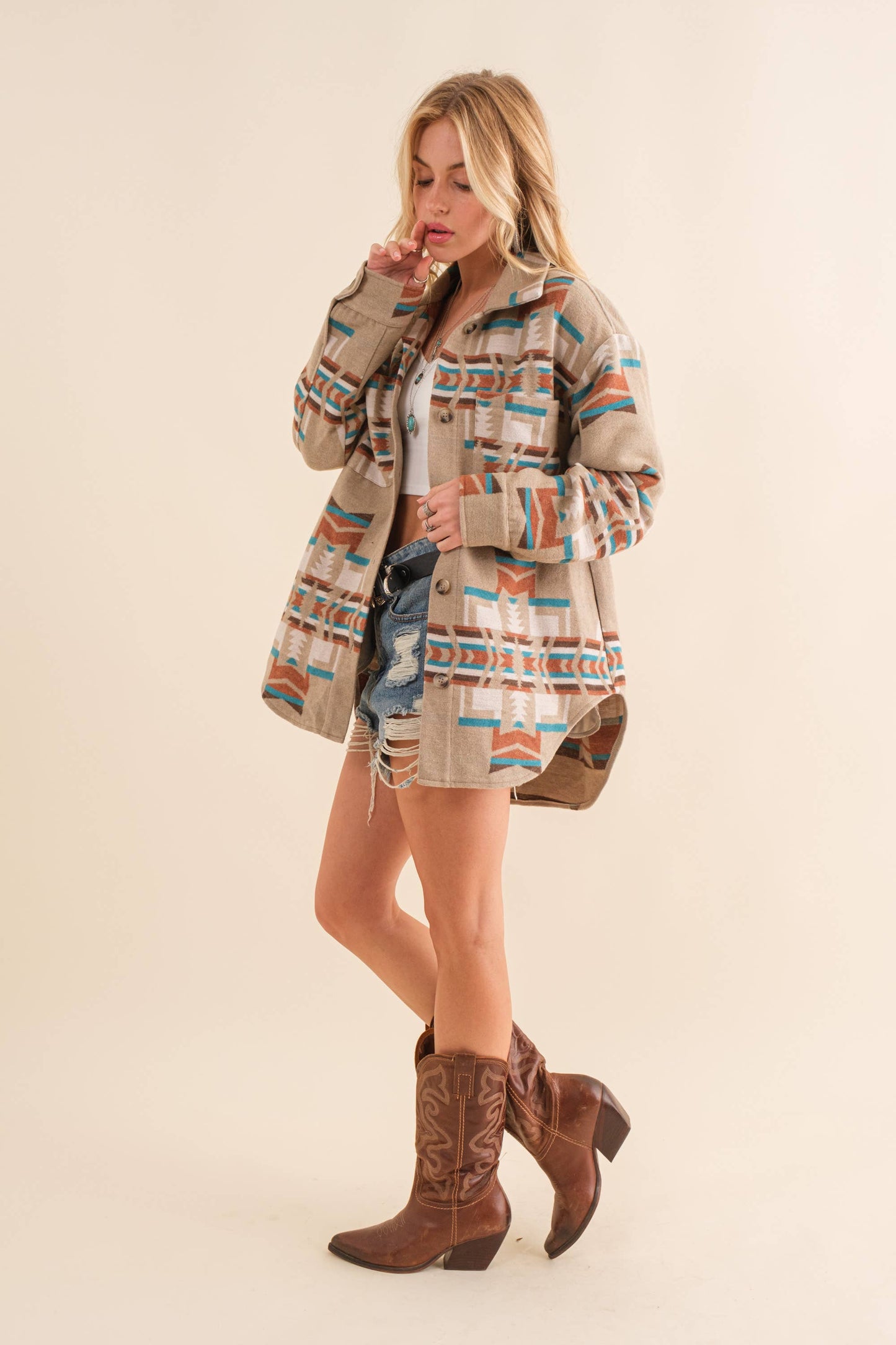 34201J - Blue B Exclusive Aztec Pattern Button Up Jacket: FUCHSIA GREEN / S