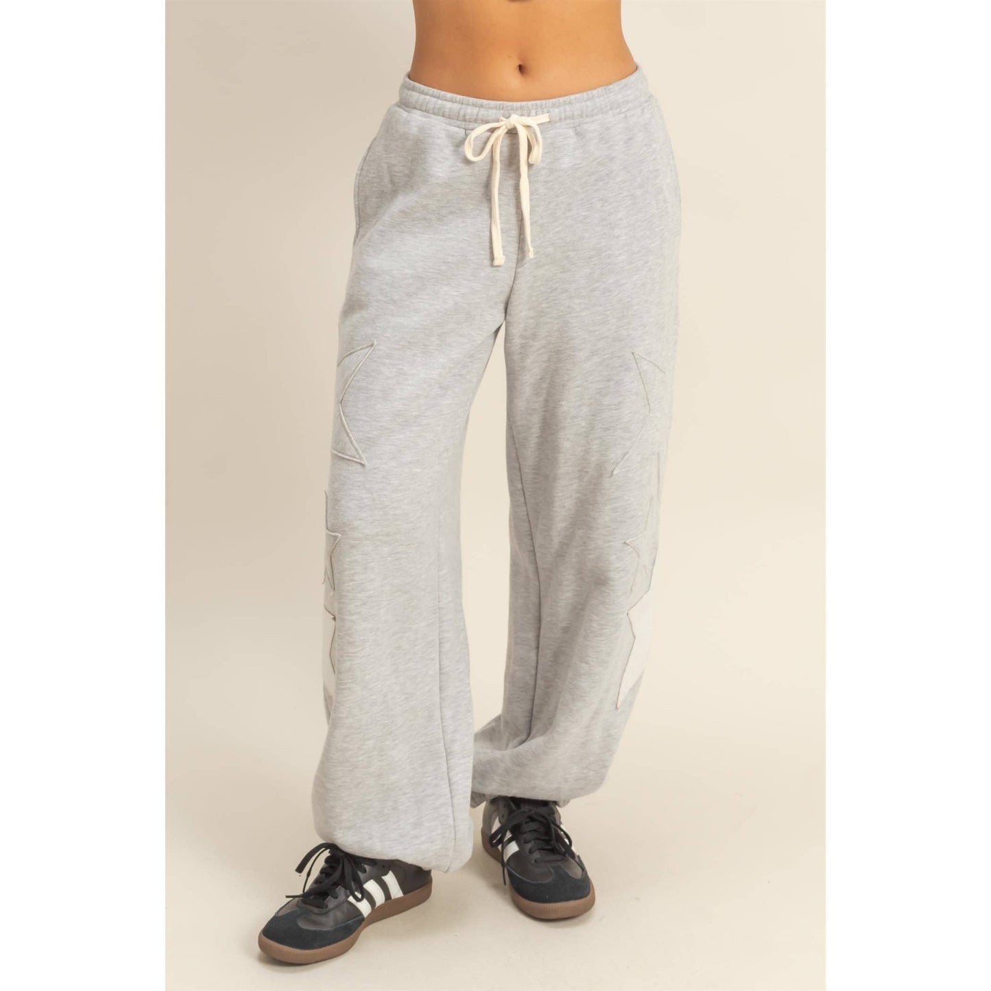 Star Patch Casual Drawstring Jogger Pants: HEATHER GRAY