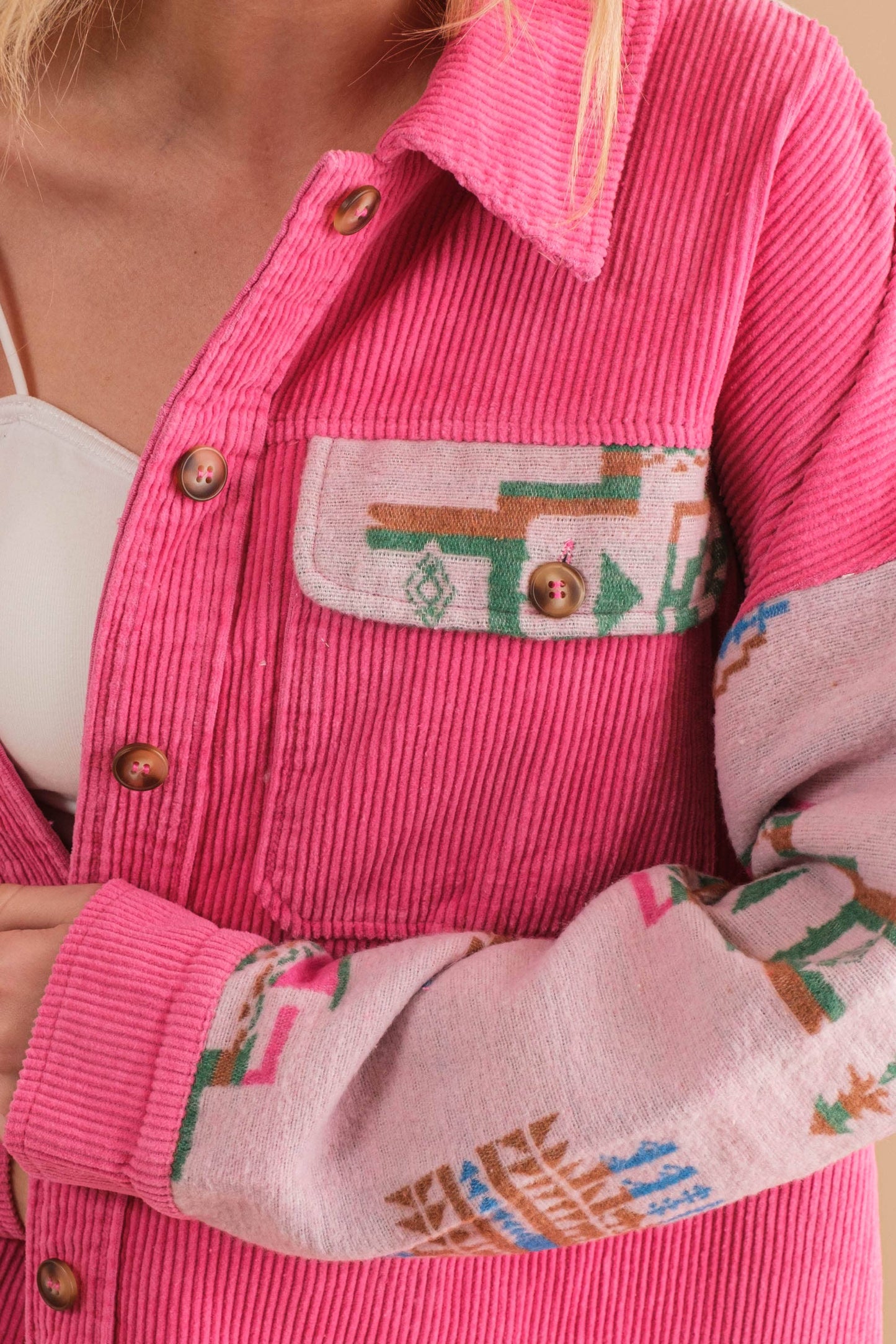 32656J - Corduroy Aztec Contrast Button Up Shirt Jacket: HOT PINK / S