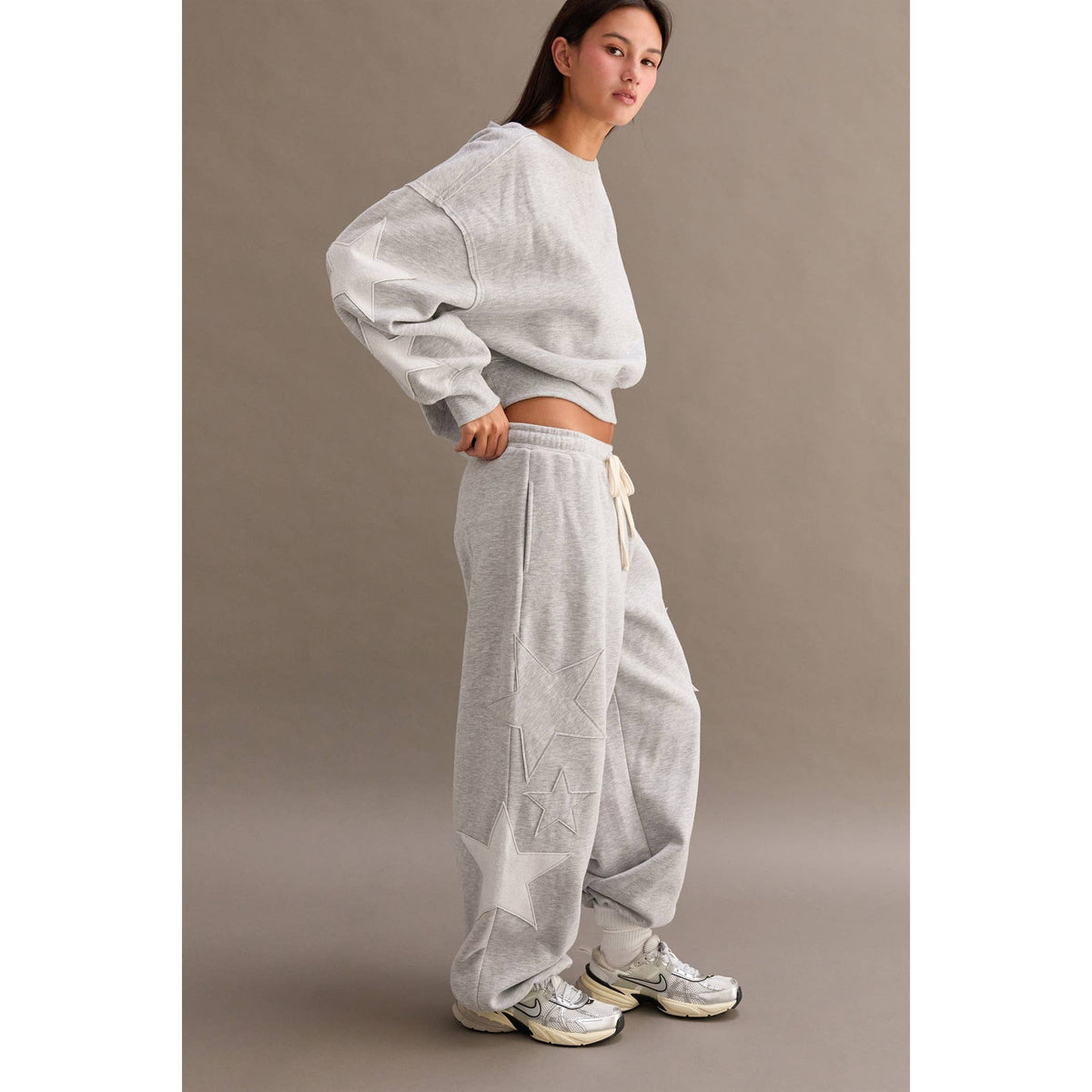 Star Patch Casual Drawstring Jogger Pants: HEATHER GRAY – Rae 