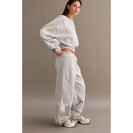 Star Patch Casual Drawstring Jogger Pants: HEATHER GRAY