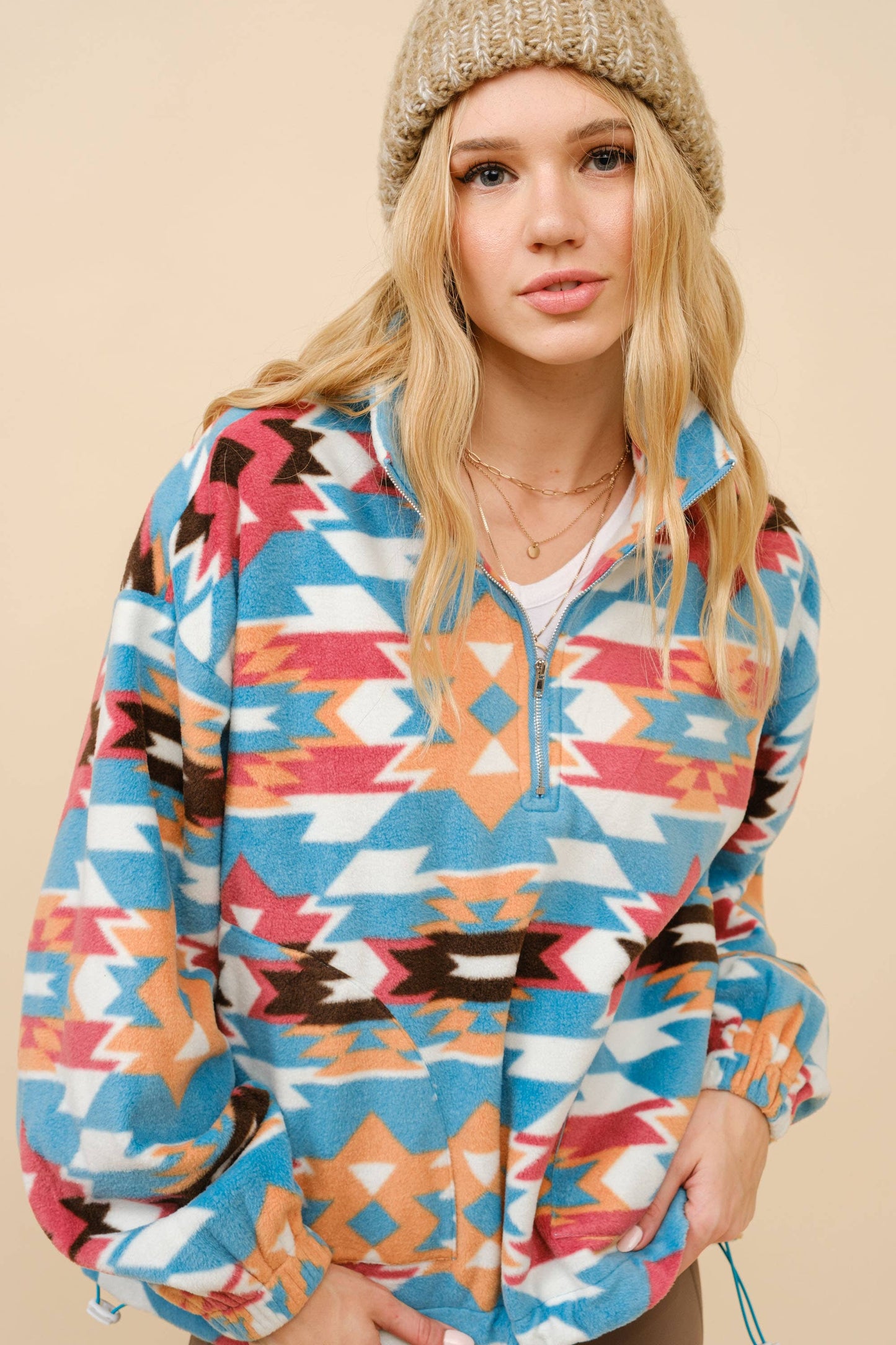 36215J - Aztec Sherpa Fleece Zip Up Pullover Sweatshirt: TEAL MULTI / S