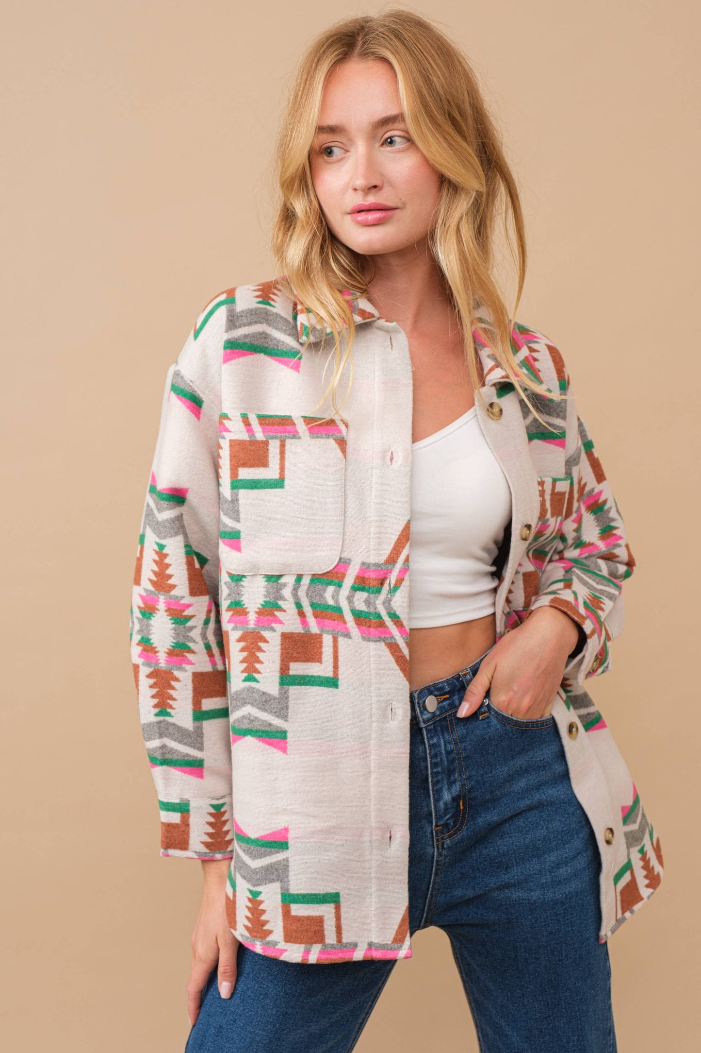 34201J - Blue B Exclusive Aztec Pattern Button Up Jacket: FUCHSIA GREEN / S