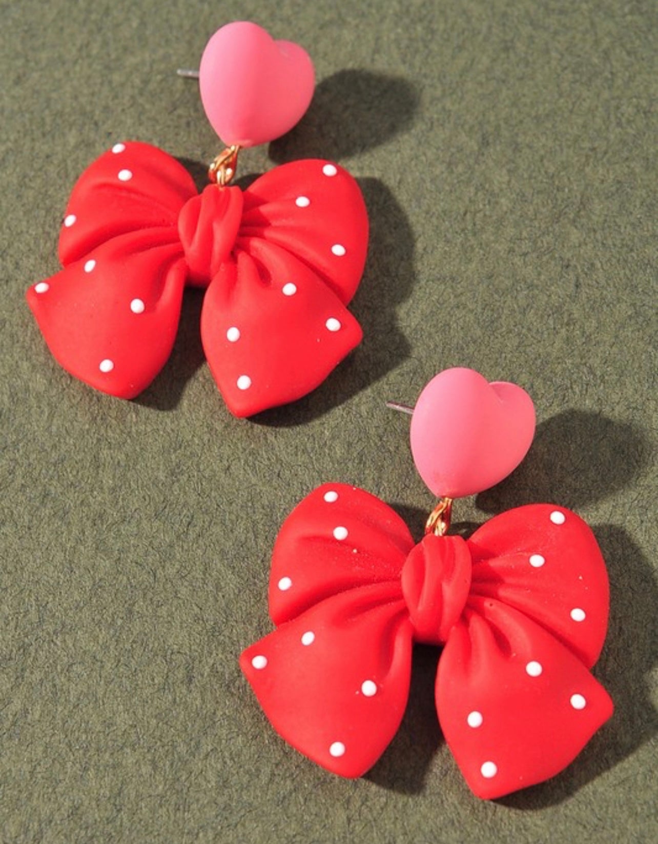 Heart Ribbon Dangle Earrings-Red