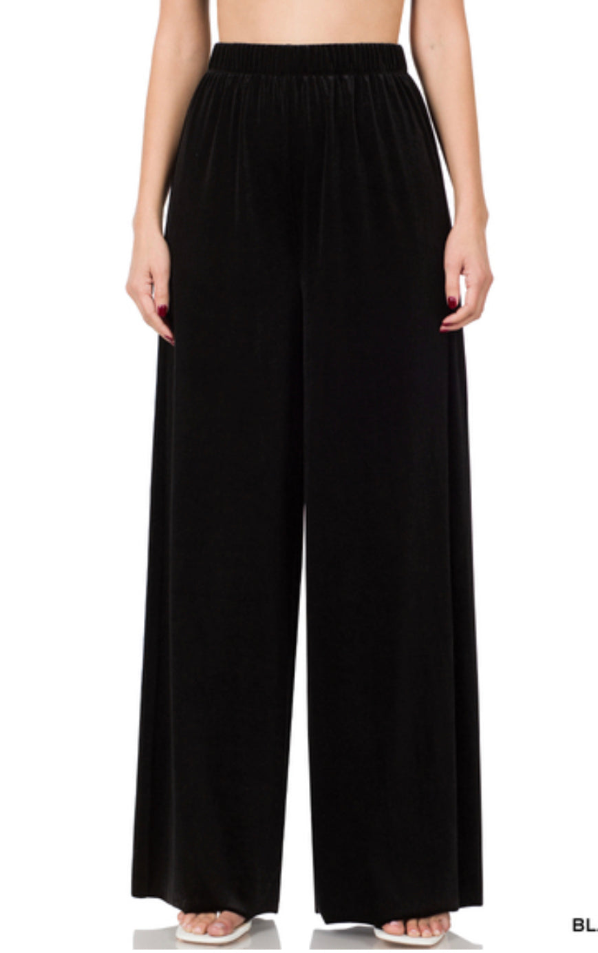 Velour Wide Leg Pants-Black