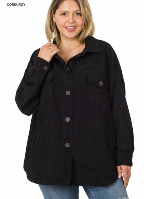 Curvy Oversized Corduroy Shacket-Black